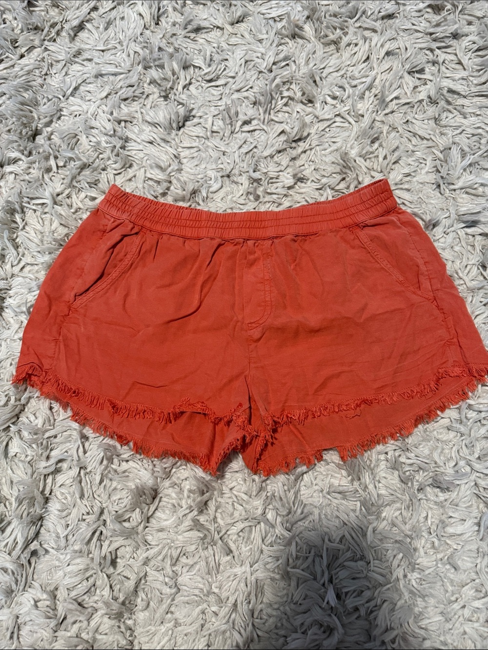 Aerie Casual Frayed Hem Elastic Waist Shorts — Red Orange